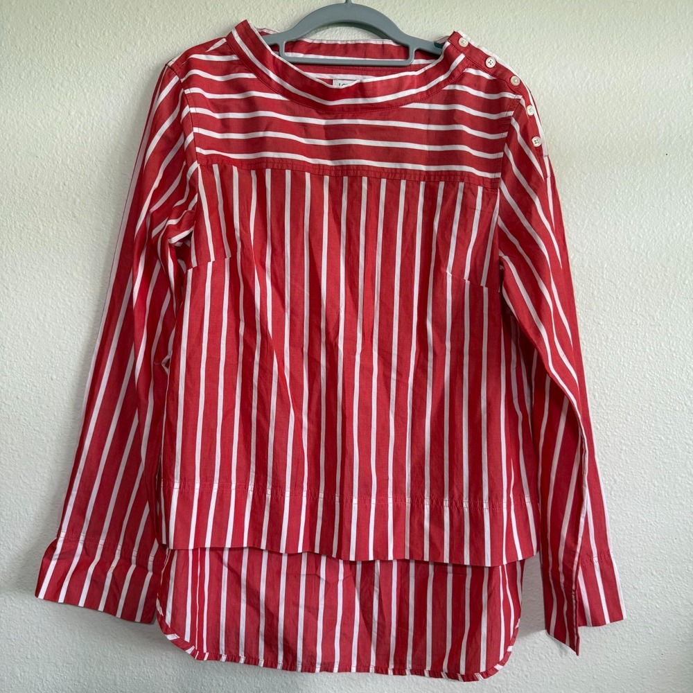 J.Crew Striped Shirt Women's 6 Red White Long Sleeve Button Shoulder Funnelneck